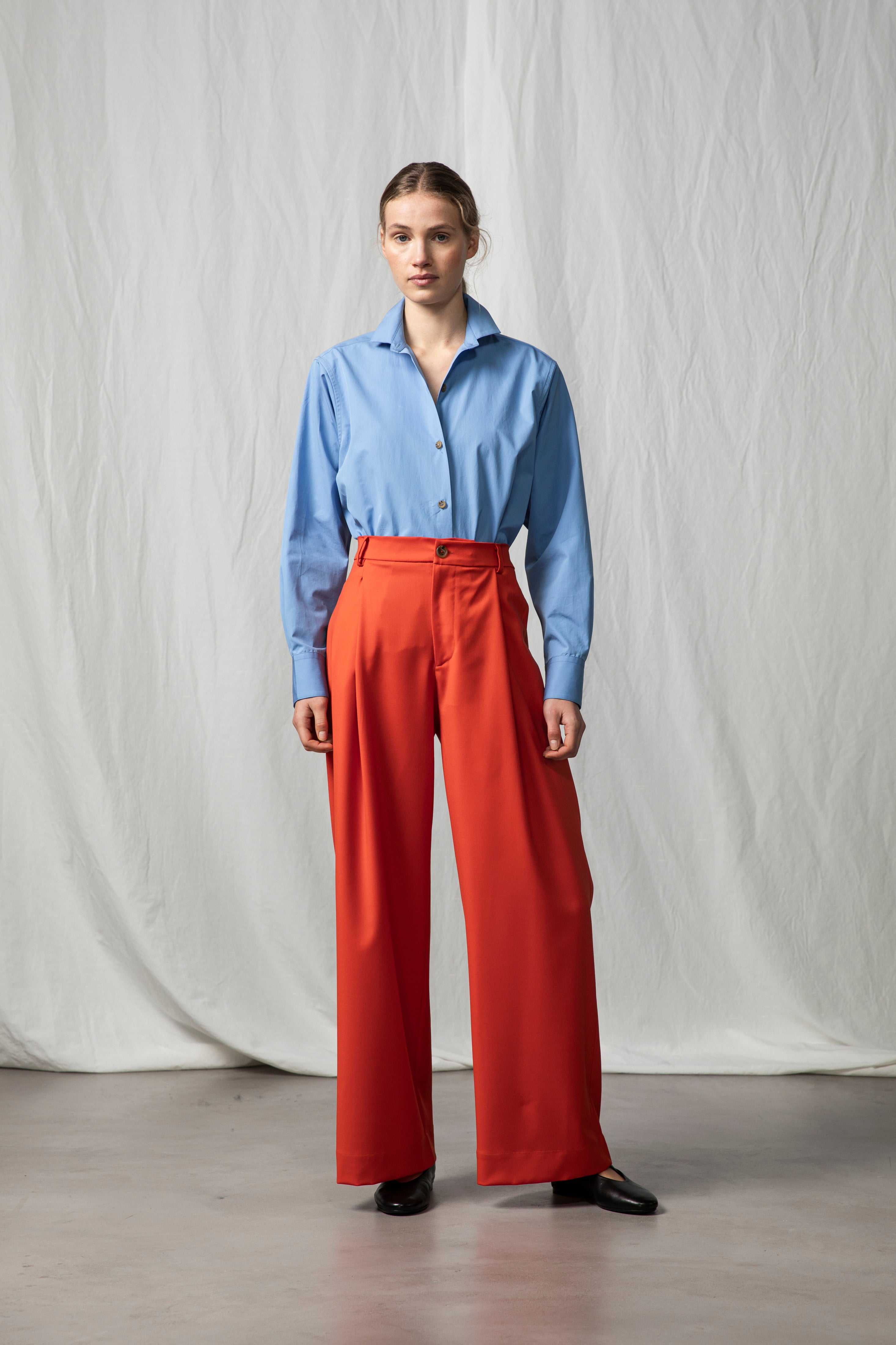 blue dress pants red shirt SELINE