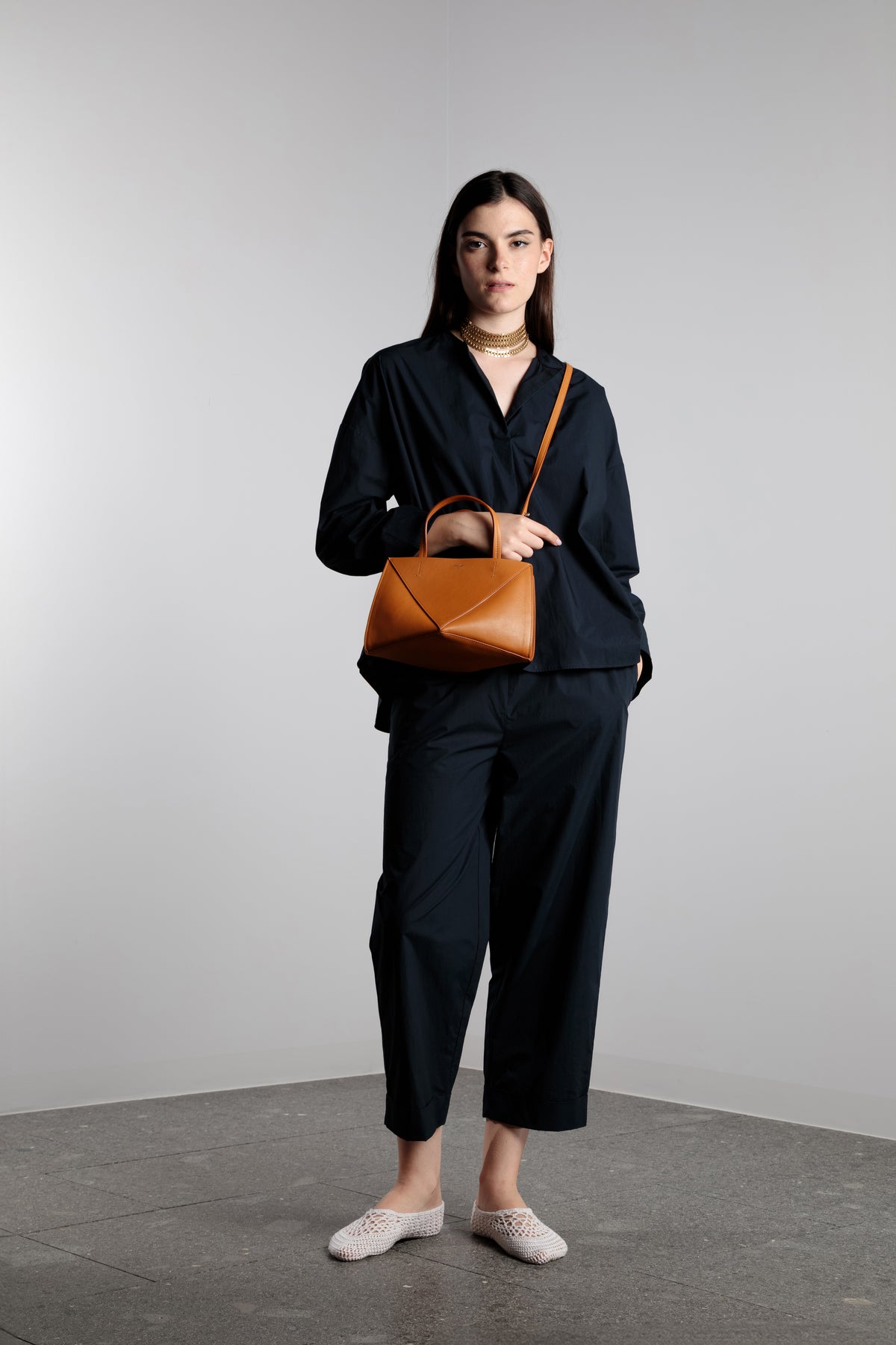 Asciari DEVA straight-leg trousers for women in navy cotton, made in Italy