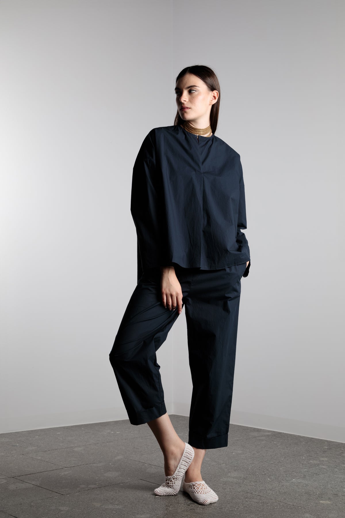 Asciari DEVA straight-leg trousers for women in navy cotton, made in Italy